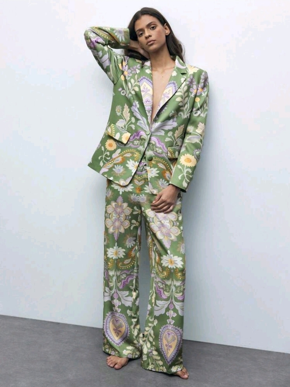 Green Floral Wide-Leg Pants Suit - Tailored Botanical Print